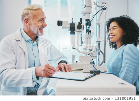 Eye exam, consulting and smile with doctor and black woman for healthcare, ophthalmology and medical. Glaucoma, laser and wellness with patient and optometrist in clinic for vision, checklist or help 131801951