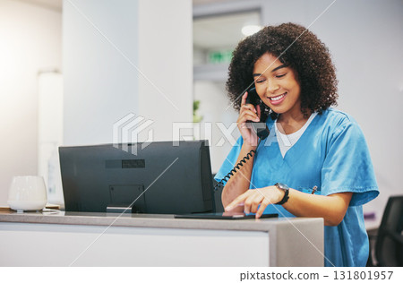Nurse, phone call and tablet of black woman at hospital with a smile. Clinic doctor, healthcare worker and networking of a young person happy about work conversation and health insurance talk Nurse, phone call and tablet of black woman at hospital with a smile. Clinic doctor, healthcare worker and networking of a young person happy about work conversation and health insurance talk 131801957