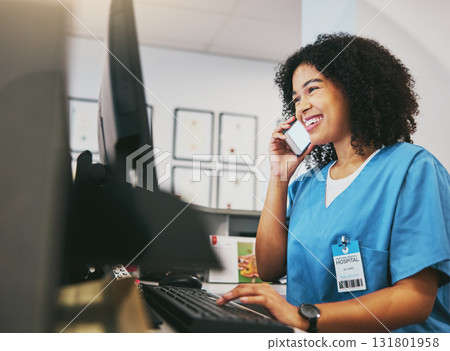Nurse, phone and black woman call with happiness at office with mobile connection. Clinic, healthcare worker and networking of a young person happy about work conversation and health insurance talk 131801958