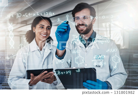 Science, man and woman with glass, researchers and clipboard for data analysis, experiment and brainstorming. Research, happy male scientist and female employee with analytics, share ideas or writing Science, man and woman with glass, researchers and clipboard for data analysis, experiment and brainstorming. Research, happy male scientist and female employee with analytics, share ideas or writing 131801982