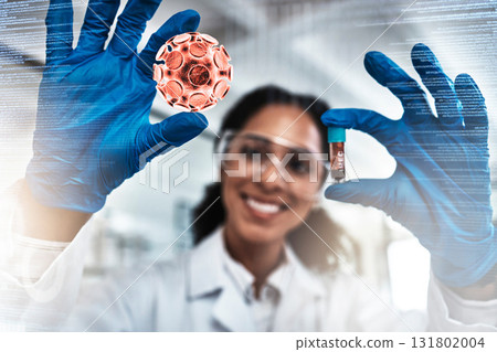 Science, blood test and scientist doing research on dna for medical innovation, vaccine or cure in lab. Scientific, pharmaceutical and woman pathology researcher analyzing rna and virus in laboratory 131802004