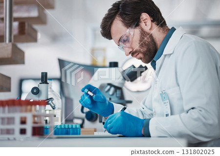 Scientist, writing or notebook for laboratory test tube, blood research or medical dna engineering. Thinking, man or science worker with paper, checklist or pharma analytics results for vaccine study Scientist, writing or notebook for laboratory test tube, blood research or medical dna engineering. Thinking, man or science worker with paper, checklist or pharma analytics results for vaccine study 131802025