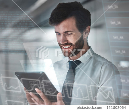 Research, tablet data overlay and graph of business man with fintech graphic in office. Futuristic, machine learning and stock market growth hologram with a businessman working on future investment 131802064