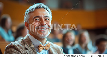 Professor shares insights while students laugh and engage in lively lecture atmosphere. Header banner mockup with copy space. 131802071