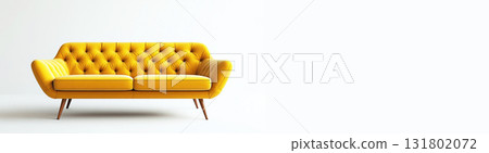 Modern yellow sofa with tufted design showcased against a white background. Header banner mockup with copy space. 131802072