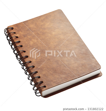 Close up displays a hardcover spiral bound notebook with lined paper on transparent background 131802122