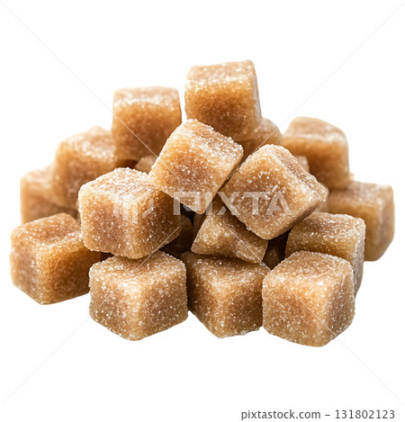 Close up displays a pile of brown cane sugar cubes on transparent background Close up displays a pile of brown cane sugar cubes on transparent background 131802123