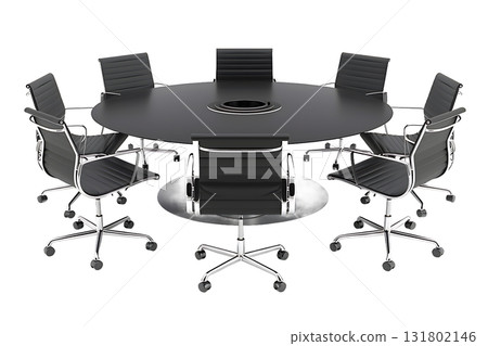 Conference Room Setup with Round Black Table and Rolling Chrome Chairs 131802146