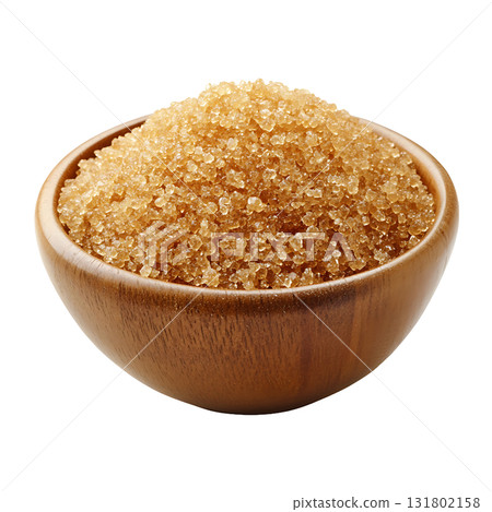 Dark brown sugar is piled inside a rustic wooden bowl on transparent background 131802158