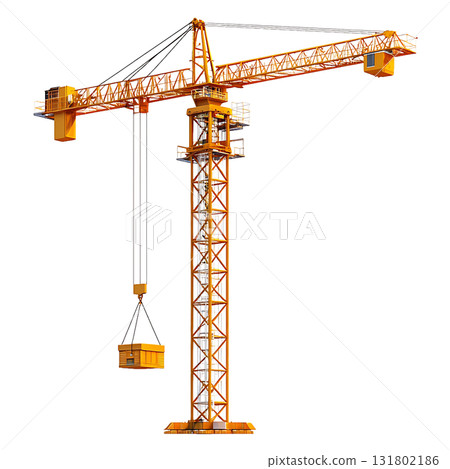 Detailed yellow tower crane is lifting cargo at a construction site on transparent background 131802186