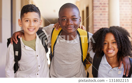 Students, diversity and education portrait, learning and happy smile after class, support or teen children. Friends, school campus and scholarship community, academy or excited for knowledge together Students, diversity and education portrait, learning and happy smile after class, support or teen children. Friends, school campus and scholarship community, academy or excited for knowledge together 131802215