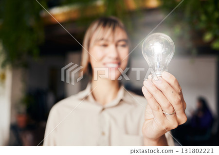 Lightbulb, happy and a woman with light from inspiration, knowledge or ideas at work. Smile, innovation and an employee with power, creativity and energy at a company with optimism and vision Lightbulb, happy and a woman with light from inspiration, knowledge or ideas at work. Smile, innovation and an employee with power, creativity and energy at a company with optimism and vision 131802221