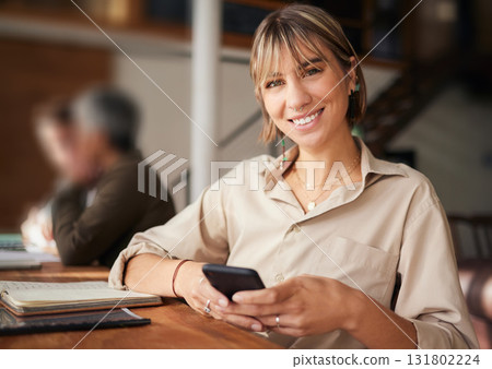 Portrait, business and woman with smartphone, typing and smile with connection, chatting and social media. Face, female or consultant with cellphone, mobile app or communication with device in office 131802224