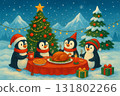 Four charming cartoon penguins gathered around a dinner table enjoying a festive Christmas or Thanksgiving meal in the snow. 131802266