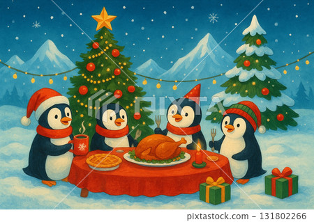 Four charming cartoon penguins gathered around a dinner table enjoying a festive Christmas or Thanksgiving meal in the snow. 131802266
