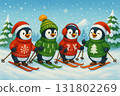 Adorable group of four cheerful penguins skiing in the snow, wearing festive Christmas sweaters and hats  131802269