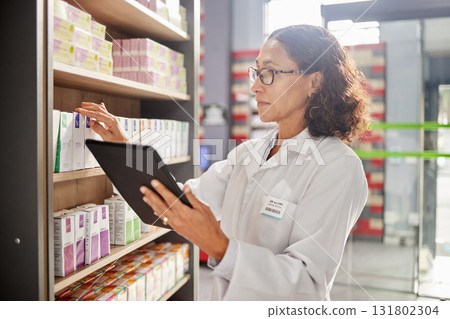 Pharmacy, inventory and woman with tablet, stock and check healthcare medicine in store. Female pharmacist, employee and medical professional with device, pills and inventory to update information Pharmacy, inventory and woman with tablet, stock and check healthcare medicine in store. Female pharmacist, employee and medical professional with device, pills and inventory to update information 131802304