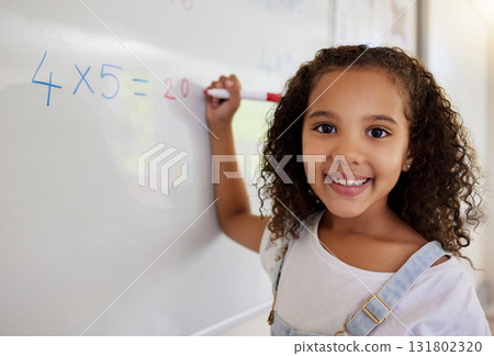 Whiteboard, math and portrait of girl learning, studying and education in classroom. Development, mathematics and face of happy kid or student with equations, numbers and multiplication in school. 131802320