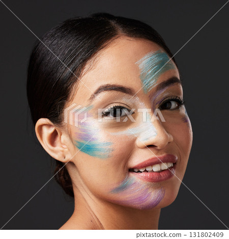 Beauty, face paint and smile, portrait of woman with creative makeup, art and self expression. Skincare, creativity and color in artistic cosmetics, skin and freedom to express for beautiful girl. Beauty, face paint and smile, portrait of woman with creative makeup, art and self expression. Skincare, creativity and color in artistic cosmetics, skin and freedom to express for beautiful girl. 131802409