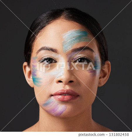 Art, aesthetic and portrait of woman with face paint, creative makeup and self expression. Beauty, creativity and color in artistic cosmetics, skincare and freedom to express for young beautiful girl Art, aesthetic and portrait of woman with face paint, creative makeup and self expression. Beauty, creativity and color in artistic cosmetics, skincare and freedom to express for young beautiful girl 131802438