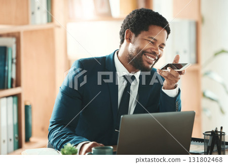 Office, laptop and black man on phone call at desk with smile, crm and b2b communication at advisory startup. Business manager, conversation and networking, happy businessman speaking with smartphone 131802468