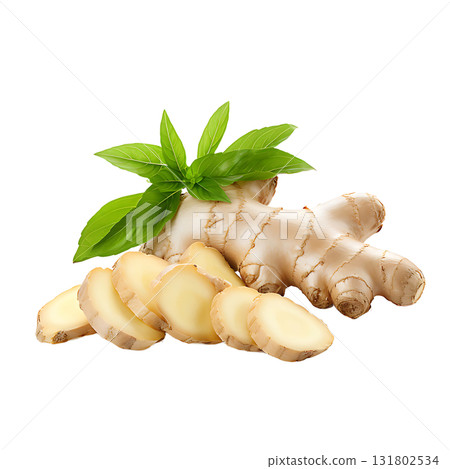 Fresh Ginger Root with Slices and Green Leaves Isolated on White Background 131802534
