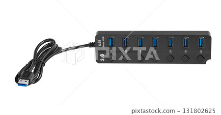 USB 3.0 Hub with 7 Ports and Power Buttons on White Background 131802625