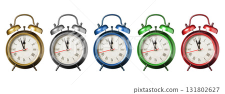 Set of colorful vintage alarm clocks isolated on white background 131802627
