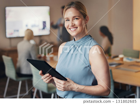 Business, portrait of woman CEO with tablet and happy team leader in office with vision and success. Leadership, smile and corporate industry, confident businesswoman in management at digital startup Business, portrait of woman CEO with tablet and happy team leader in office with vision and success. Leadership, smile and corporate industry, confident businesswoman in management at digital startup 131802685