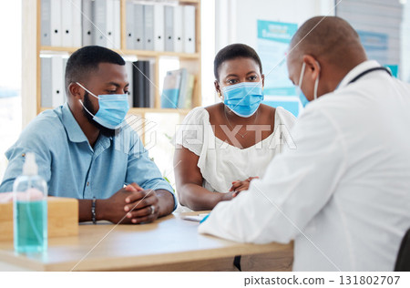 Covid, medicine and doctor consulting a black couple in a hospital for wellness, insurance or treatment. Medical, health or trust with a healthcare professional talking to a man and woman in a clinic Covid, medicine and doctor consulting a black couple in a hospital for wellness, insurance or treatment. Medical, health or trust with a healthcare professional talking to a man and woman in a clinic 131802707