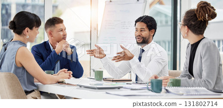 Black man, business and leader with staff, meeting and planning for profit growth, financial group and share ideas. African American male ceo, employees and coworkers brainstorming and feedback 131802714
