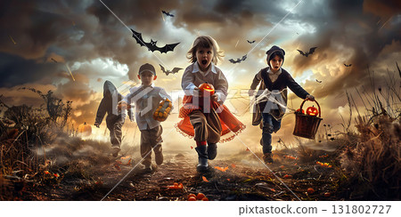 Running kids with a basket for sweets background, Happy Halloween - Ai Generated 131802727