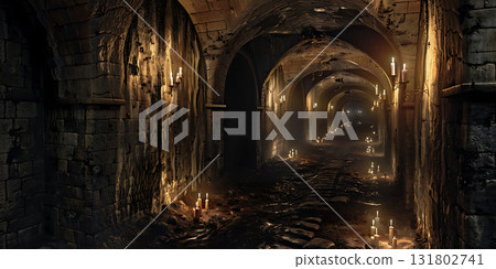Scary endless medieval catacombs with torches Horror background, Happy Halloween - Ai Generated Scary endless medieval catacombs with torches Horror background, Happy Halloween - Ai Generated 131802741