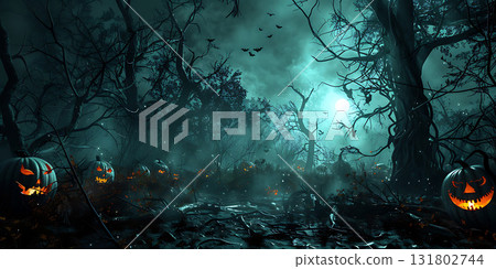 Scary Pumpkins out of Graveyard, Happy Halloween - Ai Generated 131802744