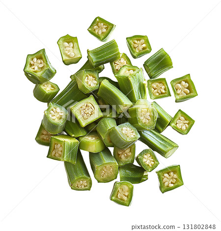Sliced green okra pods and pieces on transparent background 131802848