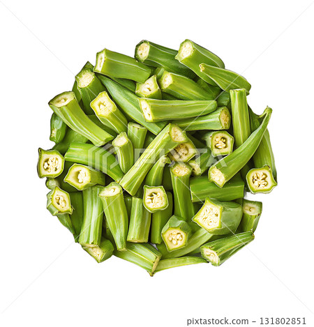 Freshly cut okra pieces are piled on transparent background 131802851