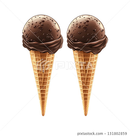 Two chocolate ice cream cones sit beside each other on transparent background Two chocolate ice cream cones sit beside each other on transparent background 131802859