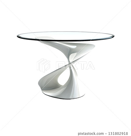 Modern Glass Top Table with White Twisted Base on Transparent Background Modern Glass Top Table with White Twisted Base on Transparent Background 131802918