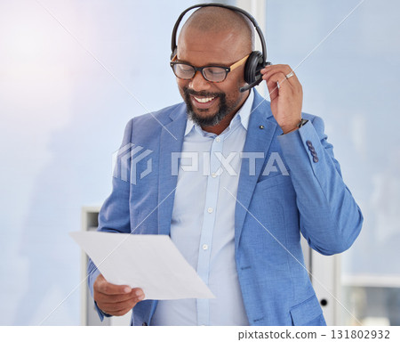 Black man, call center and business consulting with script for telemarketing, sales or customer service at office. Happy African American male salesman with headphones and policy for communication 131802932