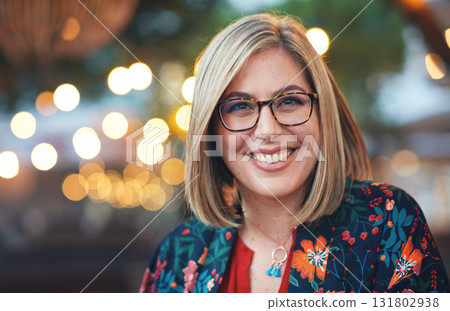 Mockup, night and portrait of woman in city with bokeh, lights and blurred background, happy and excited. Face, female and traveller relax in urban town for fun, explore and break, trip and smile Mockup, night and portrait of woman in city with bokeh, lights and blurred background, happy and excited. Face, female and traveller relax in urban town for fun, explore and break, trip and smile 131802938