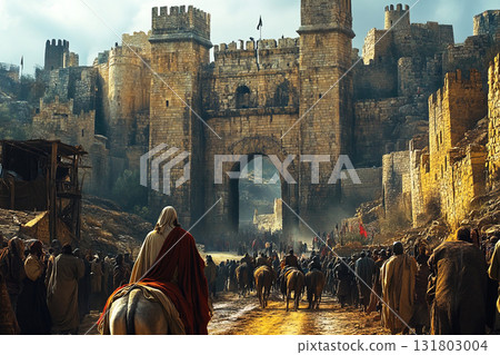 Jesus Christ rides on a donkey entering the city gates of Jerusalem during the time of his ministry Jesus Christ rides on a donkey entering the city gates of Jerusalem during the time of his ministry 131803004