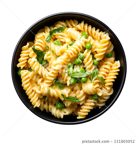 Top down view of spiral pasta with peas on transparent background Top down view of spiral pasta with peas on transparent background 131803052