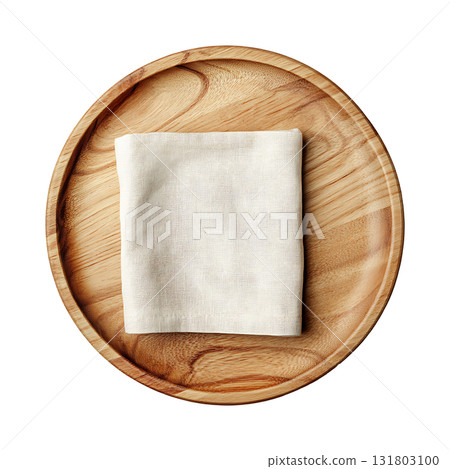 Linen napkin is neatly folded on wooden plate on transparent background Linen napkin is neatly folded on wooden plate on transparent background 131803100