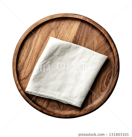 Folded white linen cloth rests upon a round wooden tray on transparent background Folded white linen cloth rests upon a round wooden tray on transparent background 131803101