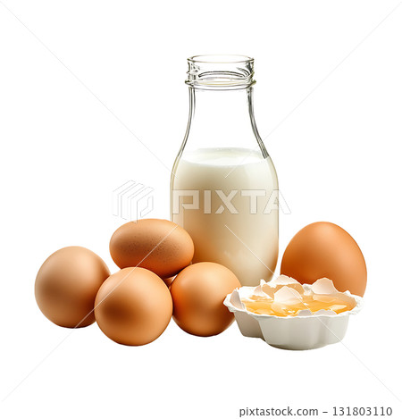 Fresh eggs alongside milk bottle showcasing kitchen ingredients on transparent background 131803110