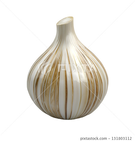 Striking bulbous glass sculpture presents creamy stripes on transparent background Striking bulbous glass sculpture presents creamy stripes on transparent background 131803112