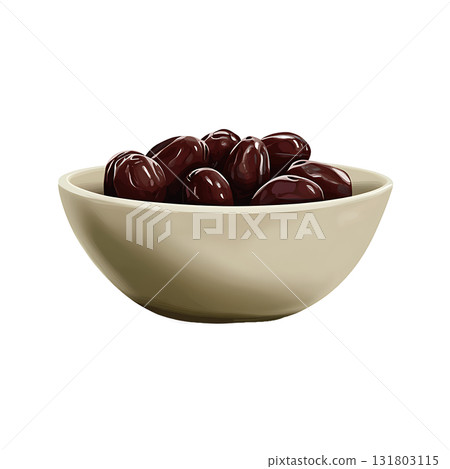 Creamy bowl filled with multiple glossy dark brown dates on transparent background Creamy bowl filled with multiple glossy dark brown dates on transparent background 131803115