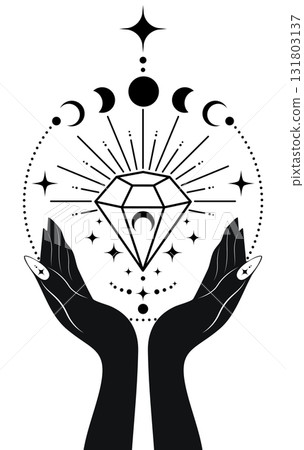 Mystical Moon Phases and sacred gemstone in hands of fortune teller. Magic celestial crystal clipart of yoga, spa, beauty salon, cosmetics, relax, brand style, tattoo. Logo Isolated on white Mystical Moon Phases and sacred gemstone in hands of fortune teller. Magic celestial crystal clipart of yoga, spa, beauty salon, cosmetics, relax, brand style, tattoo. Logo Isolated on white 131803137