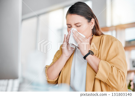 Woman, office and tissue for nose by computer in public relations management with allergy, dust and sneeze. Corporate manager, covid 19 and toilet paper for virus, bacteria and desktop for PR career 131803140