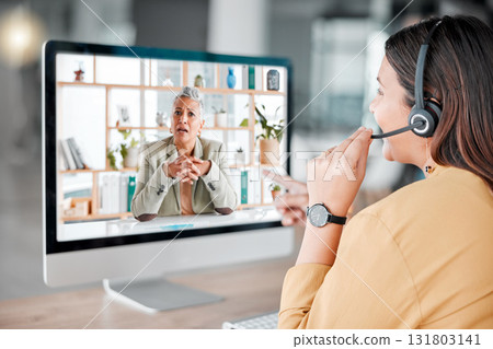 Customer service, computer video chat and woman in call center pointing at shocked client. Telemarketing, virtual conference and female sales agent, consultant or worker in online meeting in office. Customer service, computer video chat and woman in call center pointing at shocked client. Telemarketing, virtual conference and female sales agent, consultant or worker in online meeting in office. 131803141